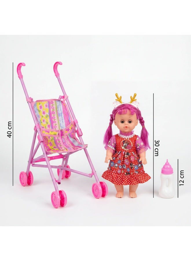 Baby Doll Stroller Playset with Accessories – Foldable Toy Buggy, Feeding Bottle & Diaper – Realistic Pretend Play Gift for Kids & Toddlers - Image 3